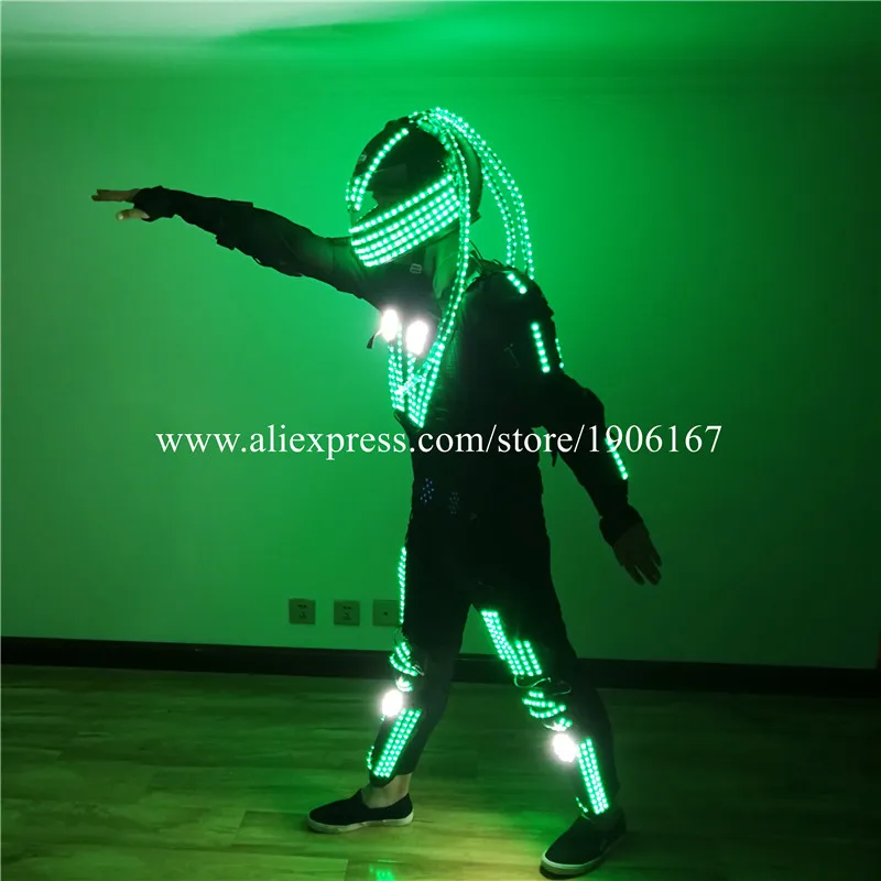 RGB Led Luminous Dance Robot Suit Illuminated Growing Light Up Armor Costume Stage Performance Led Flashing Helmet With Wigs