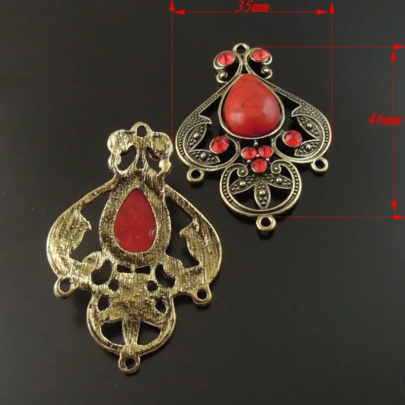 Wholesale 4pcs Antique Bronze Alloy Red Imitation Stone Charms Pendant Jewelry Findings Connector 46*35*8mm For Necklace