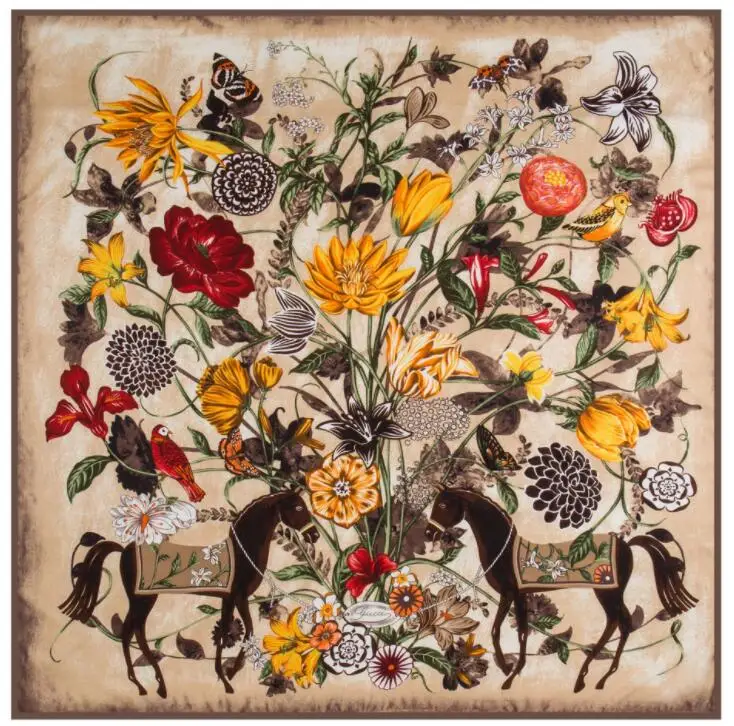 

130cm*130cm Luxury Brand Twill Hijab Large Square Scarves Floral Horse Print Twill Shawls Bandana Silk Scarf For Women Headband