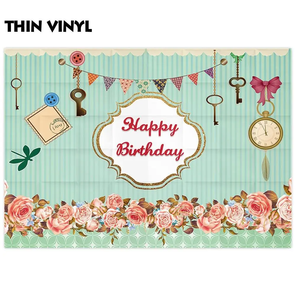 Funnytree birthday backdrops photography green streaks flower key clock flag background for photo photocall photophone