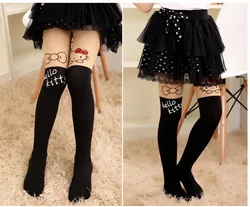 Summer Children Baby Kids Girls Thin Tights Pantyhose Knee Fake Tattoo Velvet Stockings White Cartoon Kitty Cat DS29