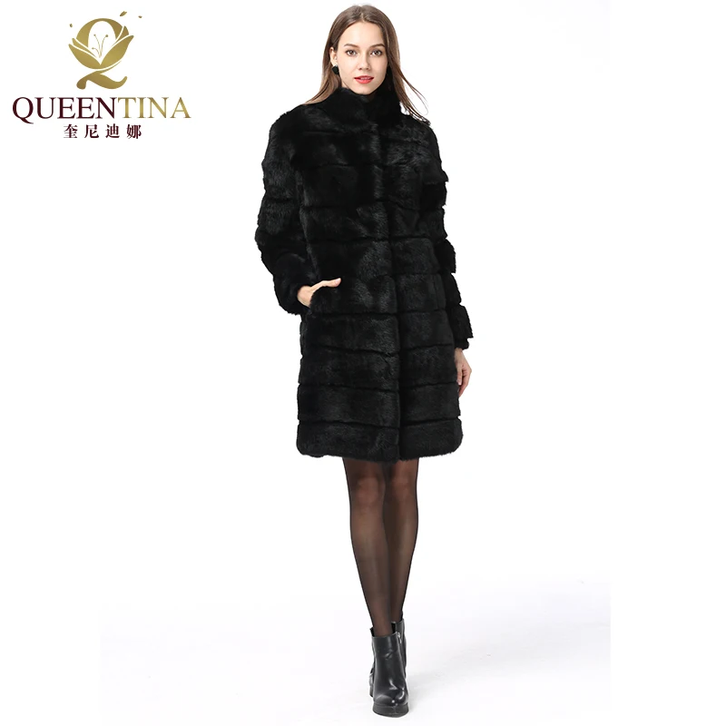 QUEENTINA Real Rabbit Fur Coat New In Outerwears Winter Stand Collar Thick Soft Warm Clothing Women Pelt Natural Long Fur Jacket