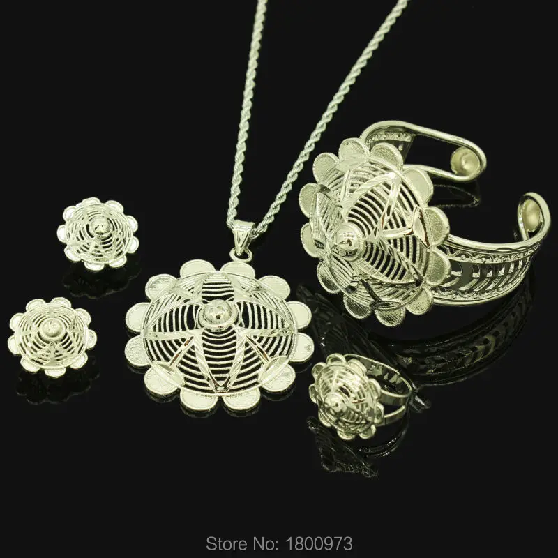 Newest Ethiopian Big Flower Jewelry Set Silver Plated Pendant/Necklace/Earrings/Ring/Bangle African Women Wedding Jewelry