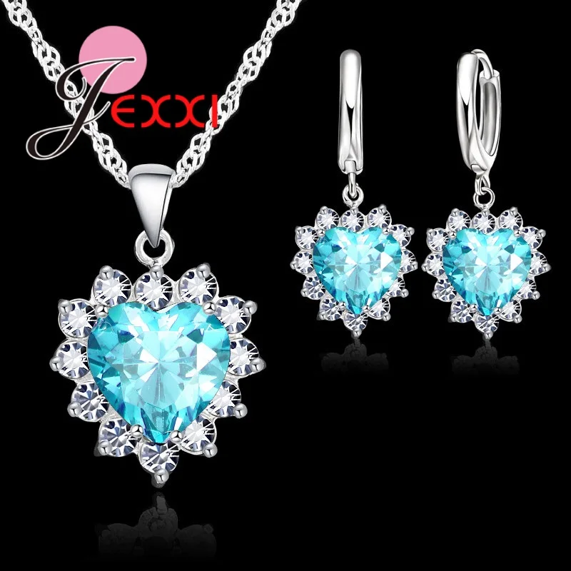 Trendy Heart Austrian Crystal 925 Sterling Silver Pendant Necklaces Earrings Set For Women Wedding Bridal Jewelry Sets