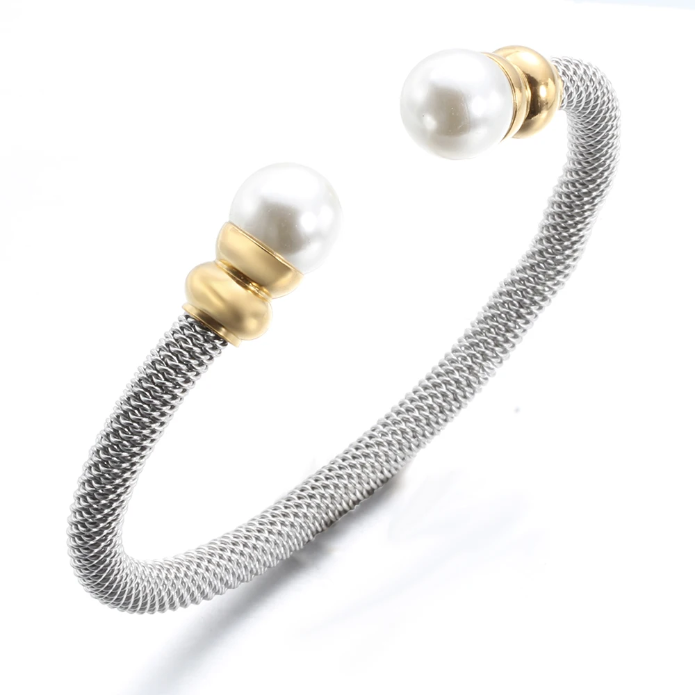 New Arrivals Stainless Steel Bracelets Bangles Smooth Steel Twisted Wire Bracelet Pearl Charm Bangle Accessories For Women