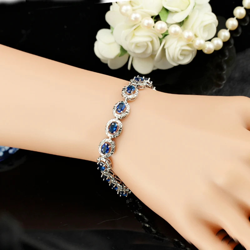 BeaQueen Famous Brand Dark Blue CZ Crystal Women Jewelry Fashion Oval Cut Cubic Zirconia Stone Tennis Bracelets Bangles B014