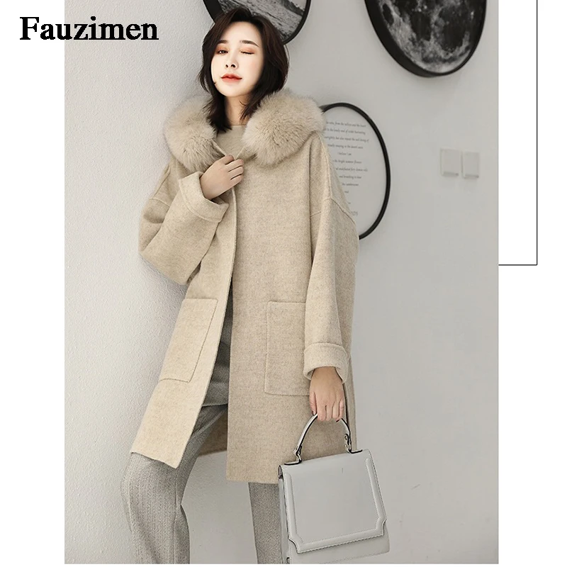 Cashmere Jacket Women Ladies Hand Made Women Fox Fur Collar Wool Coat Casual Winter Wool Jacket Woolen Overcoat Cashmere Coat