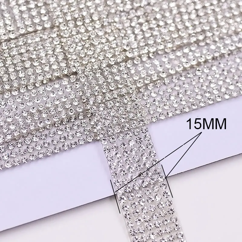 JUNAO 5 Yard Hotfix Clear Rhinestone Chain Fabric Crystal Ribbon Trim Glass Applique Strass Tape Band For Dress Jewelry Making