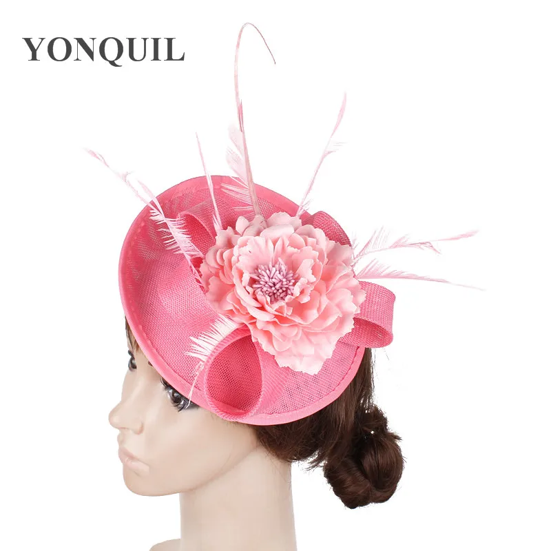 

Elegant Fascinator Imitation Sinamay Base with Feather Bridal Hairstyle Party Headwear Race Cocktail Hats Millinery 15 Colors