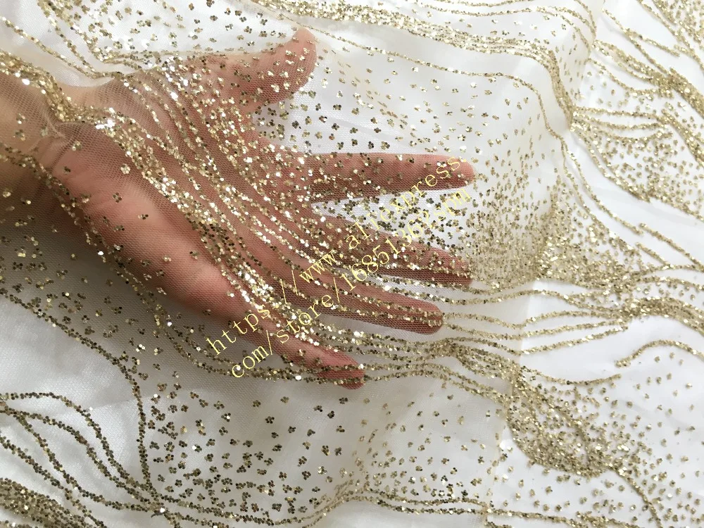 

Popular glued glitter African French tulle lace fabric Manning-88025 with gold glitter embroidery