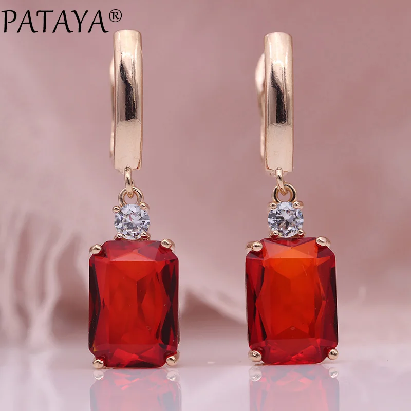 PATAYA New Square Dark Blue Long Earrings Women Wedding Jewelry 585 Rose Gold Color Multicolor Natural Zircon Dangle Earrings