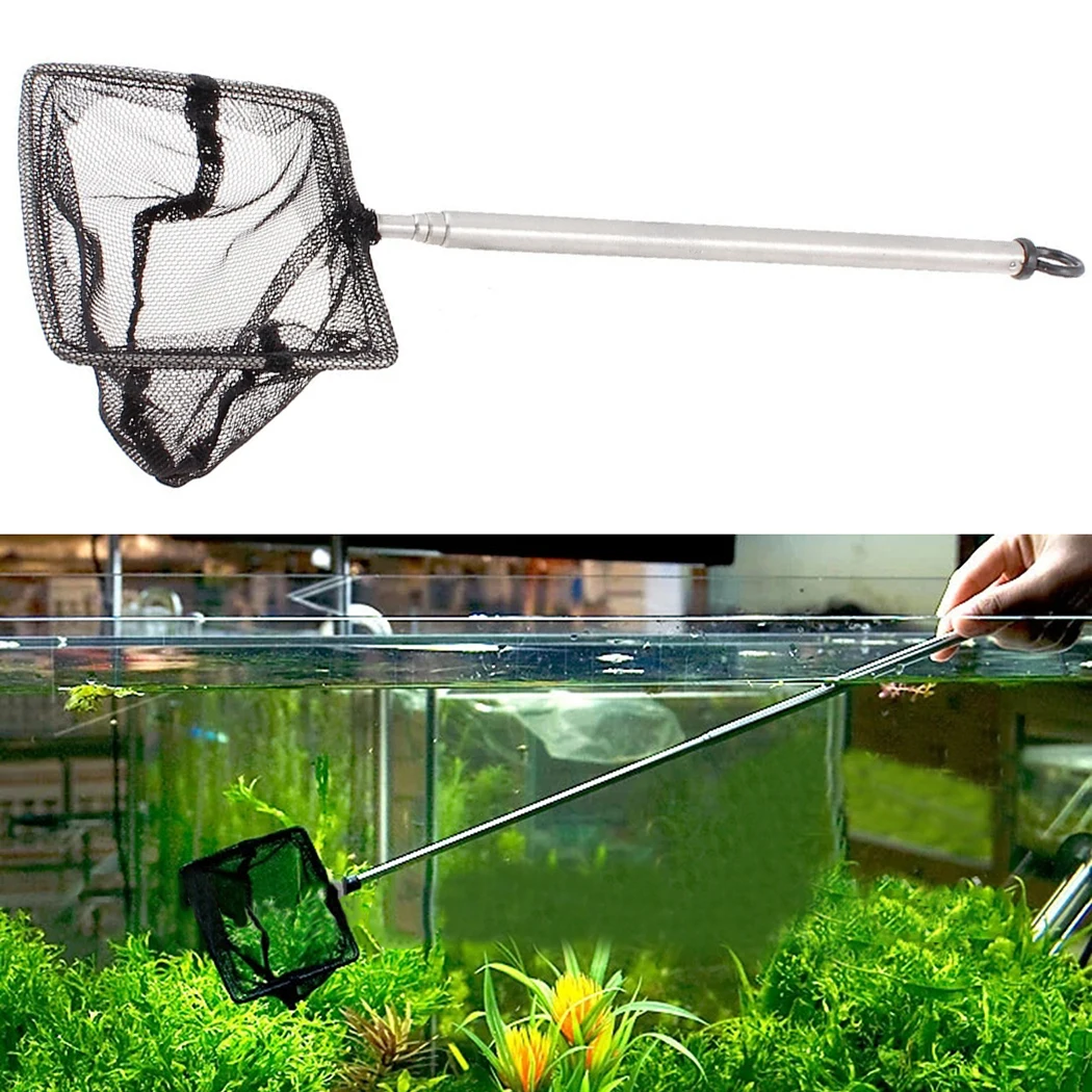 Aquarium Fish Nets Portable Long Handle Stainless Steel Aquarium Fish Tank Fishing Net Landing Net Floating Tank Cleaning Tools