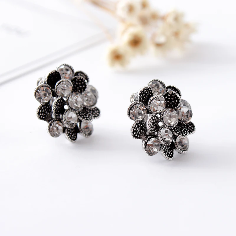 Flower style women\'s earrings clips,plated ancient silver clip on earrings crystal ear clip without pierced high quality