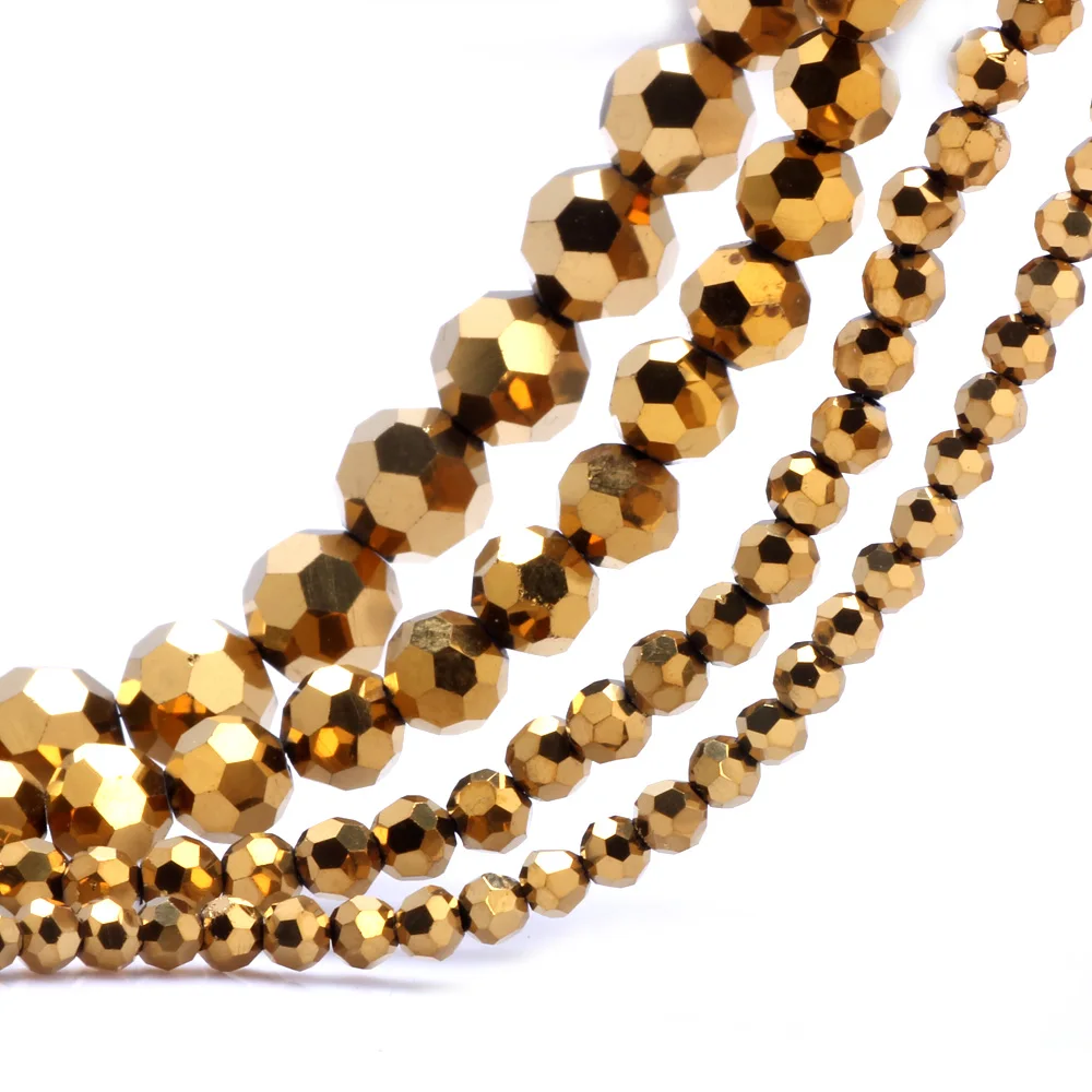 OlingArt 3/4/6/8mm Round Glass Beads Rondelle Austria 32 faceted crystal Gold color Loose bead DIY Jewelry Making