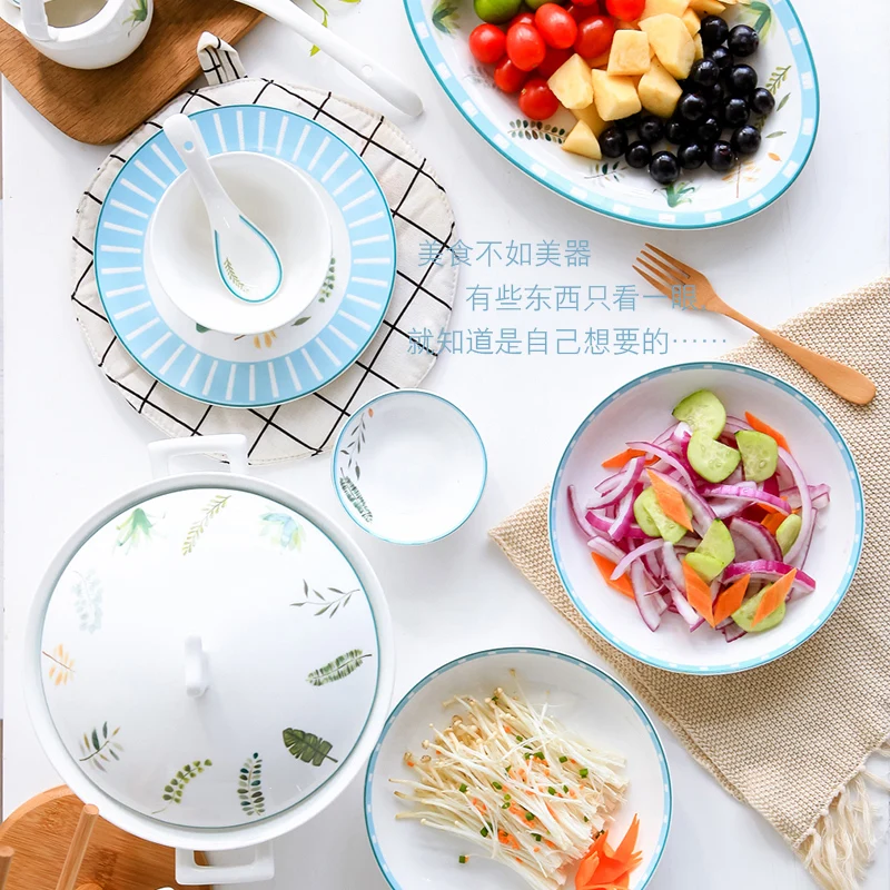 Bowl  dish set Household Korean simple personality European  bowl and dish combination Jingdezhenbone china tableware set