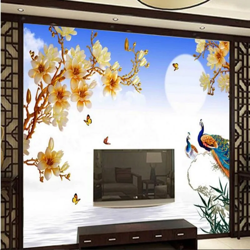 wellyu Custom large - scale murals color carving peacock magnolia background wall  fabric wallpaper papel de parede