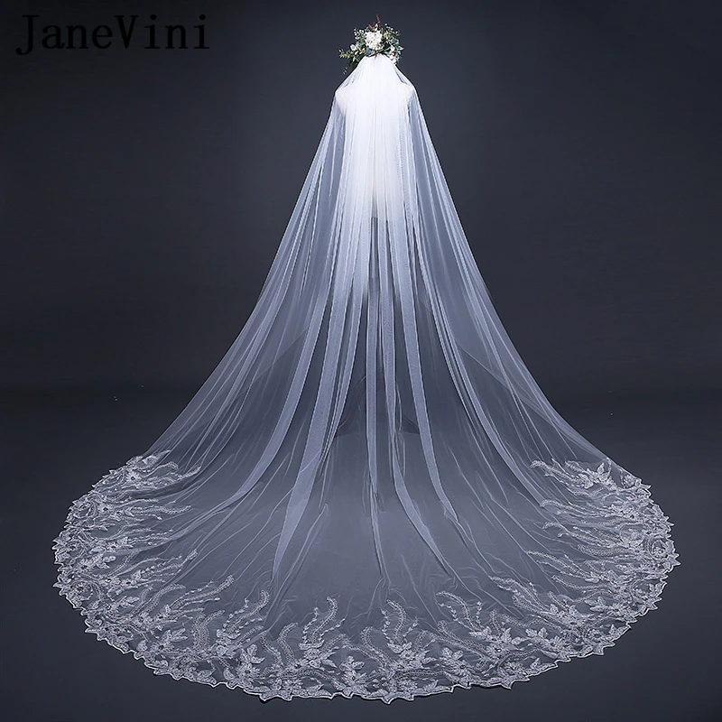 

JaneVini 2020 Elegant Ivory 3M One Layer Long Bridal Veils with Comb Lace Appliques Edge Sequined Soft Tulle Wedding Accessories