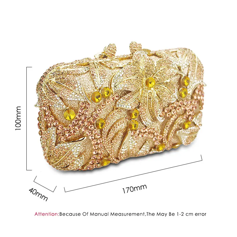Luxury Golden Rose  yellow Flower Party Purse Women Wedding Bridal Handbag Pouch Soiree Pochette Bag Crystal Clutch Evening Bag image 5