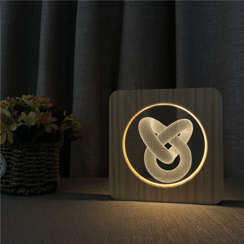 

Love knot Abstract 3D Wood Night Light Decor Nightlight USB Desk Table Lamp Visual Bedroom Baby Child Gift Wood Decorative Light