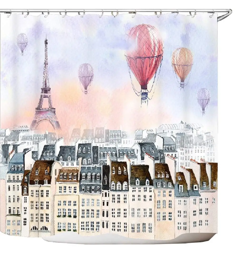 Get Orange watercolour Paris Tower with multicolor hot air balloon waterproof Polyester Fabric Bathroom Shower Curtain