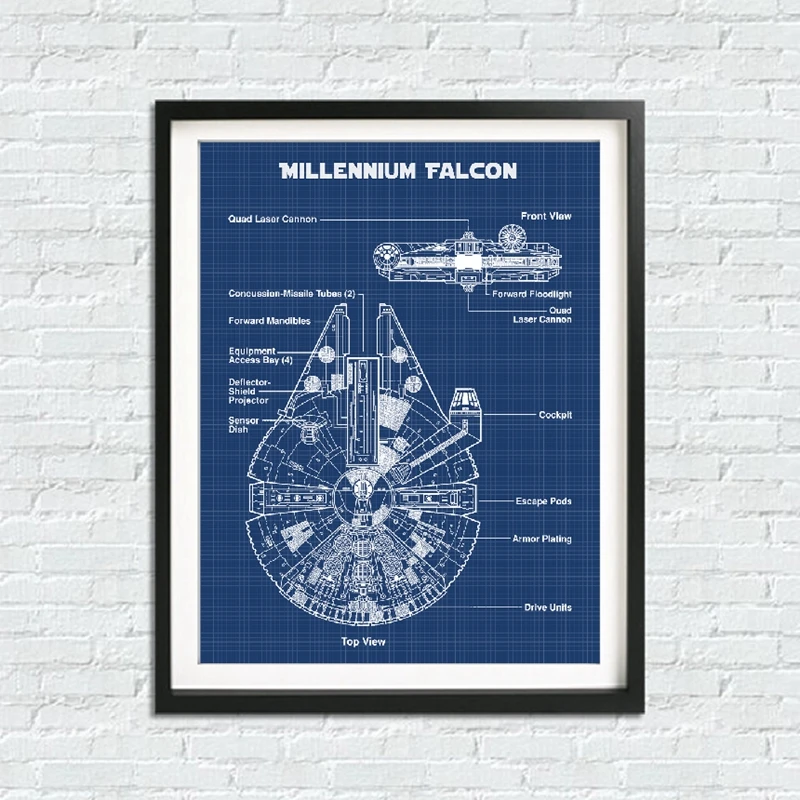 Schematic Diagram Art Poster Space Wars Canvas Prints Millennium Falcon Blueprint Canvas Painting Boys Room Sci-Fi Wall Decor