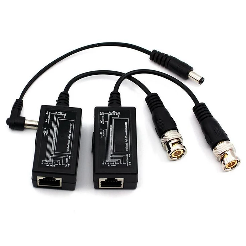 1 Pair CCTV Camera Coax BNC to CAT5e 6 RJ45 Video Balun Transceiver cable with Power Connector