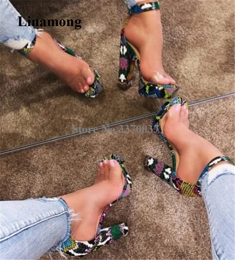 

Newest Sexy Women Open Toe Mixed-colors Snakeskin Chunky Heel High Platform Sandals One PVC Strap High Heel Sandals Dress Heels