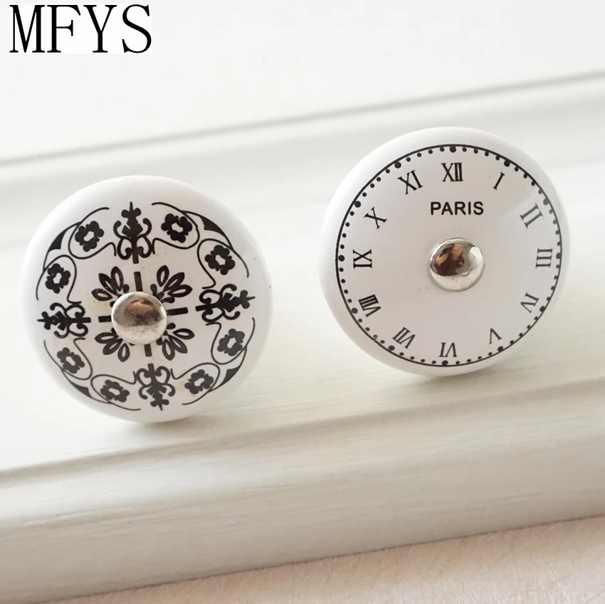 Black White Ceramic Clock/Flower Dresser Knobs Handles Decorative Drawer Knobs Furniture Knobs Chic Kitchen Cupboard Door Handle