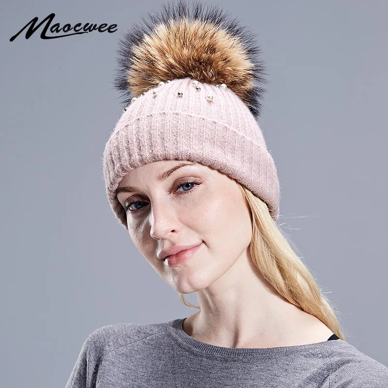 

Pearl Natural Raccoon Fur Women's Winter Hats Girls Knitted Wool Rabbit Caps Female Headgear Pompon Skullies Beanies 2018