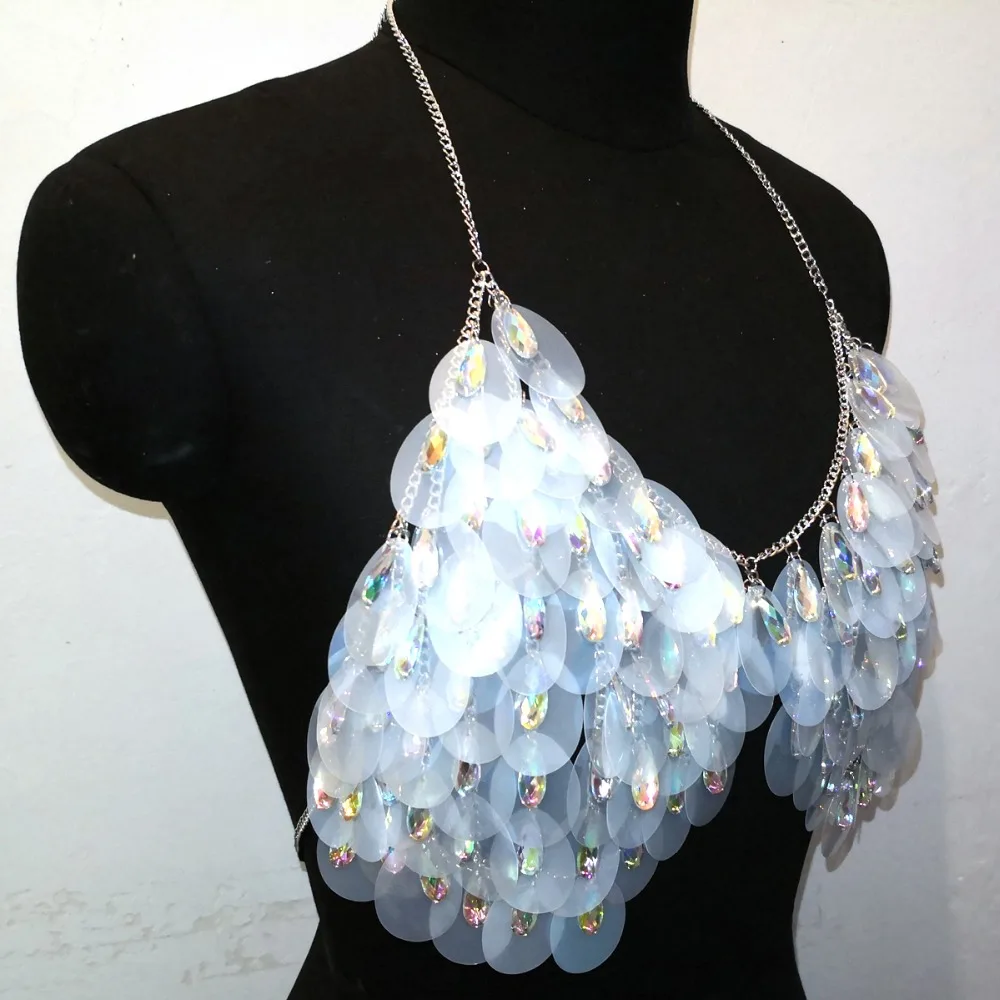 Sequins Disco Exotic Tanks Crop Top Beaded Belly Waist Chain Halter Necklace Rave Bra Festival Costume Wear Party Jewelry CRS606