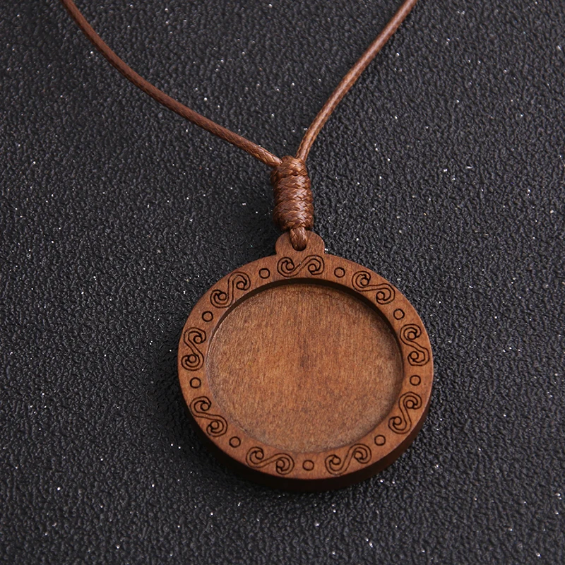 1pcs 30mm Inner Size Wood Cabochon Settings Blank Cameo Pendant Base Trays With Leather Cord For Jewelry Making