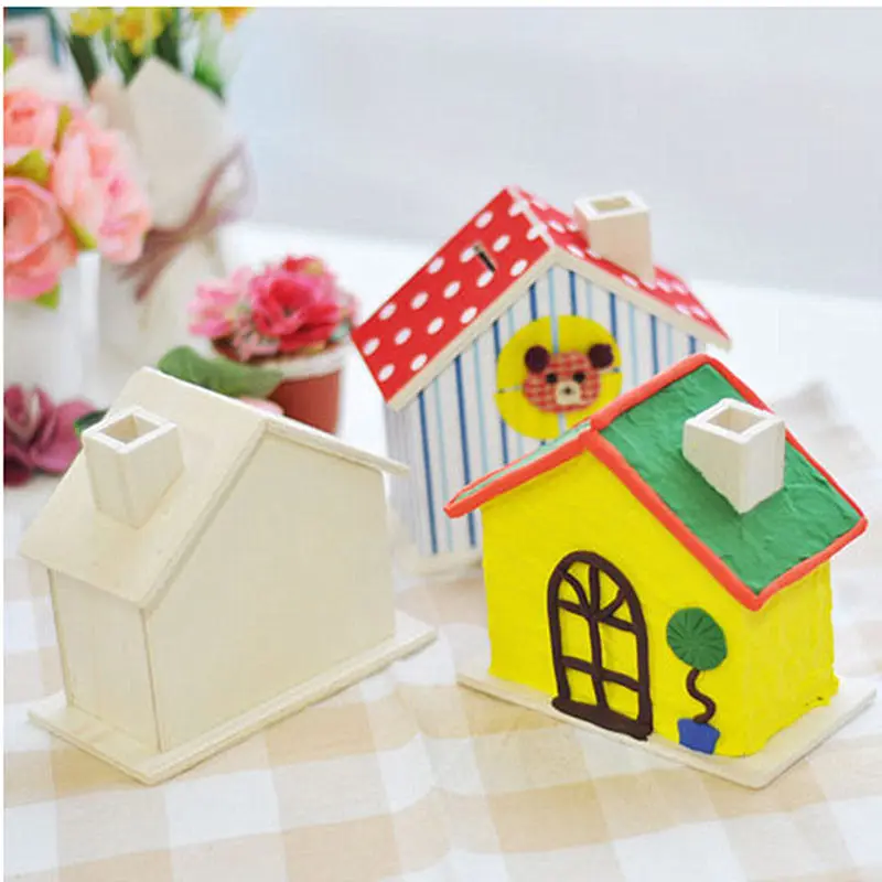 DIY Wood Chalet Coin House Room Mud White Save Money Base Art Decor Children Kid Baby Wooden Crafts Gift Toys F20173833