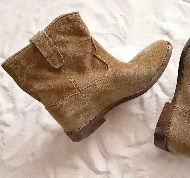 

Sestito High Quality Woman Cow Leather Slip-on Ankle Boots Ladies Suqare Low Heels Vintage Short Boots Girl Round Toe Shoes