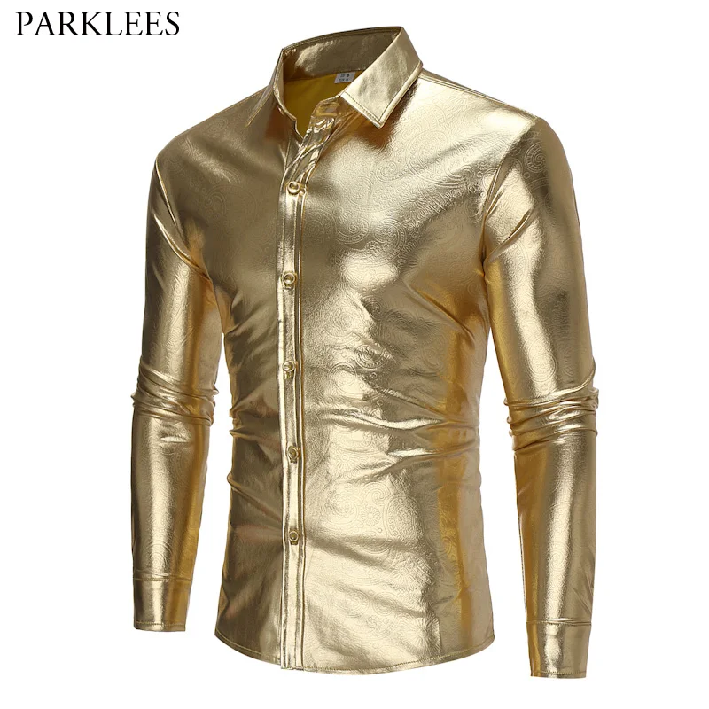 Gold Coated Metallic Paisley Shirt Men 2022 Night Club Wear Shirt Slim Fit Chemise Homme Casual Button Down Mens Dress Shirts