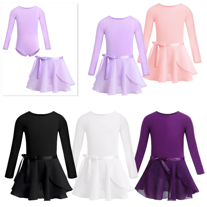 Kids Girls Long Sleeve Cotton Tulle Tutu Ballet Dance Leotard Dress for Performance Dancewear Clothes with Chiffon Tied Skirt