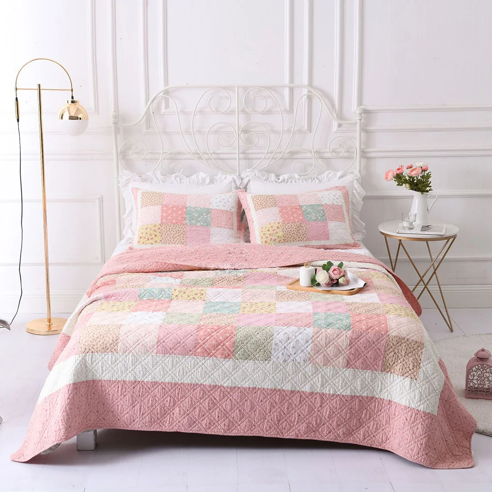 CHAUSUB Cotton Quilt Set Patchwork 3PCS Bedspread on the Bed Korean Coverlet Quilted Bed Cover Queen Size Double Blanket on Bed