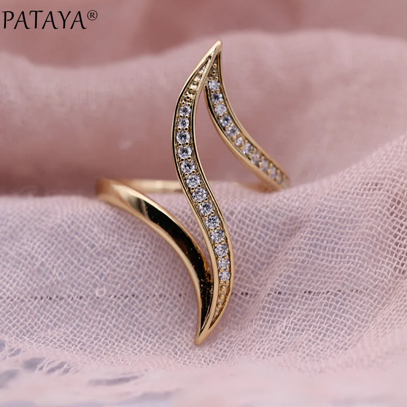 PATAYA New Fine Hyperbole Curve Women Rings Round Micro Wax Inlay Natural Zircon 585 Rose Gold Color Fashion Jewelry Unique Ring