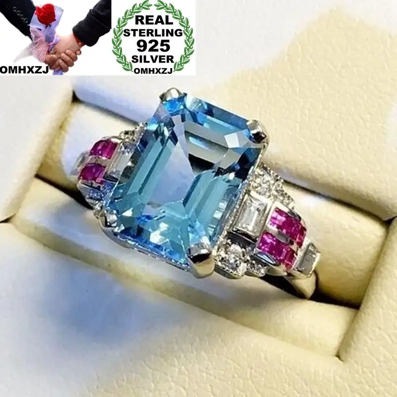 

OMHXZJ Wholesale European Fashion Woman Man Party Wedding Gift Silver Rectangle Blue AAA Zircon 925 Sterling Silver Ring RR58