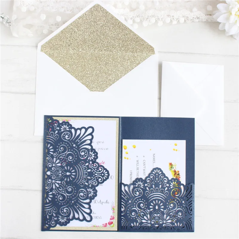 Elegant card wedding invitation bridal greeting card with glittery envelop offer inner RSVP printing 50pcs