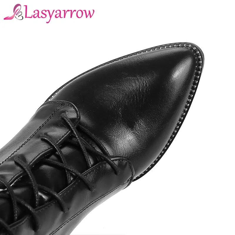 Lasyarrow Women Motorcycle Boots Pointed Toe Chunky Heel Riding Boots Shoes Female Lace Up Knee High Boots Black Brown Size 48