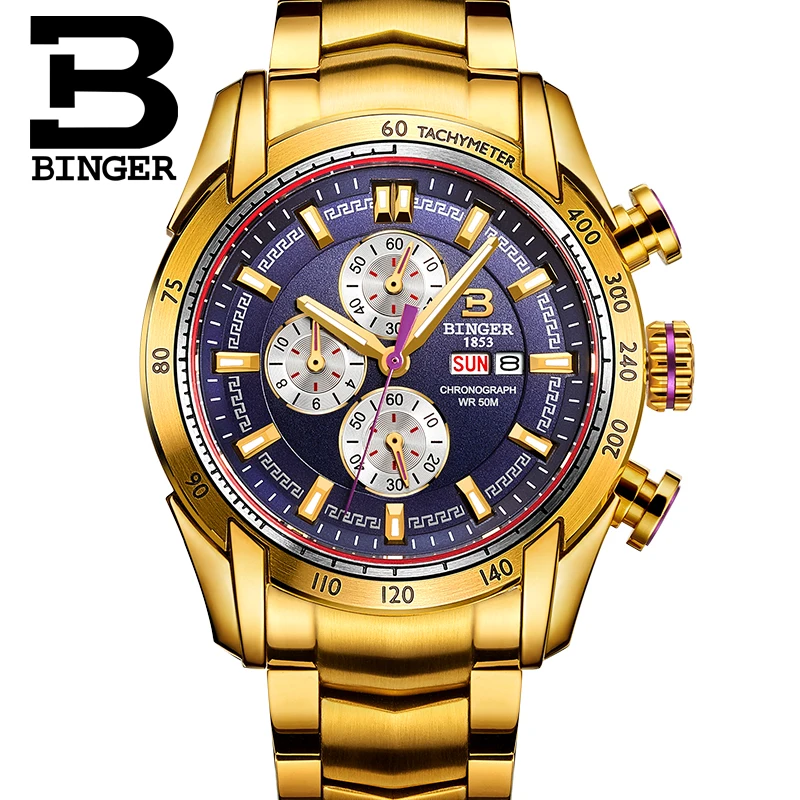 44mm Switzerland Chronograph Sports Watch Swim 2018 Waterproof Military Quartz Wristwatch BINGER Men Watches relogio masculino