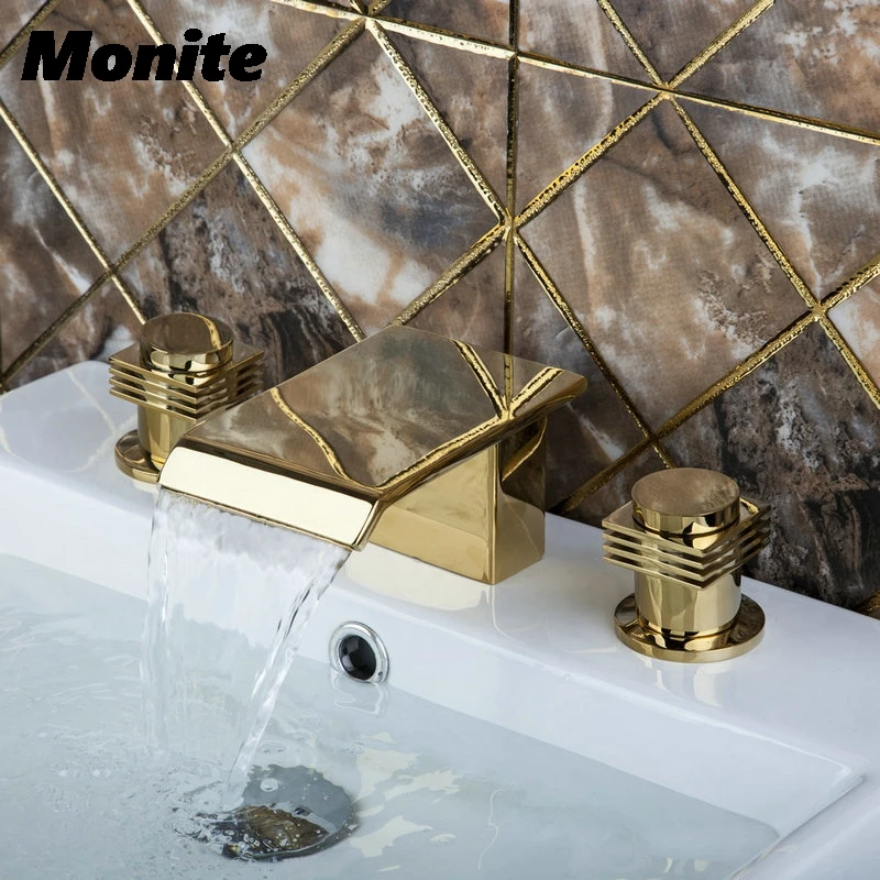 

Bathtub Basin New bathroom sink golden finisn Deck Mounted K1Z double Handle 3pcs Faucets,Mixer Tap