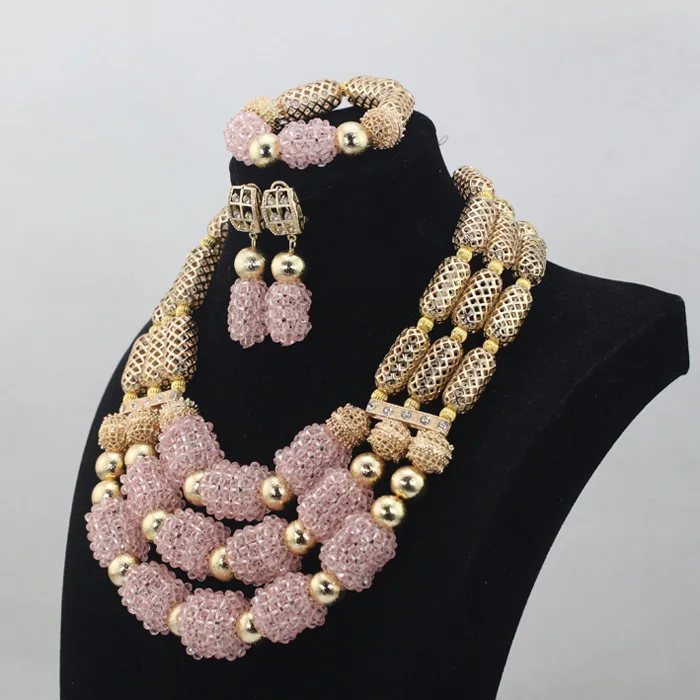 Pretty Fashion African Wedding Gold Mix Pale Pink 3 Rows Crystal Beads Jewelry Sets Necklace African Accessory Free ShipABL836