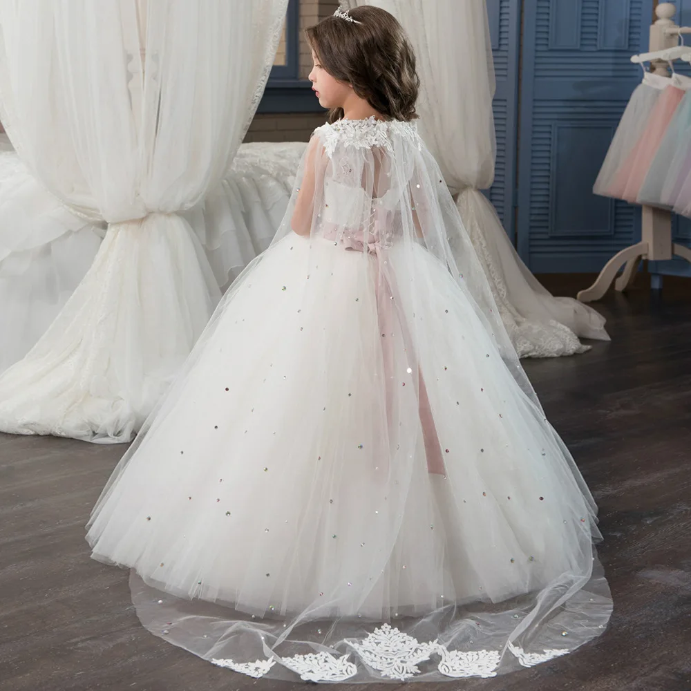 Robe de Rhde première communion de luxe pour enfants, robe de princesse pour filles, robes de demoiselle d'honneur sur mesure, ceinture, châle en organza