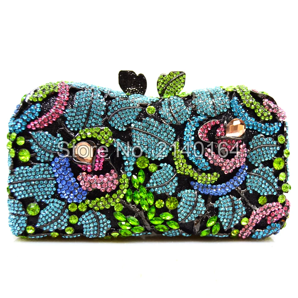 Wedding Clutch Bag Beautiful Multi-Color Handmade Hard Case Ladies Crystal Rose Flower Shape Evening Clutch Bag 88250