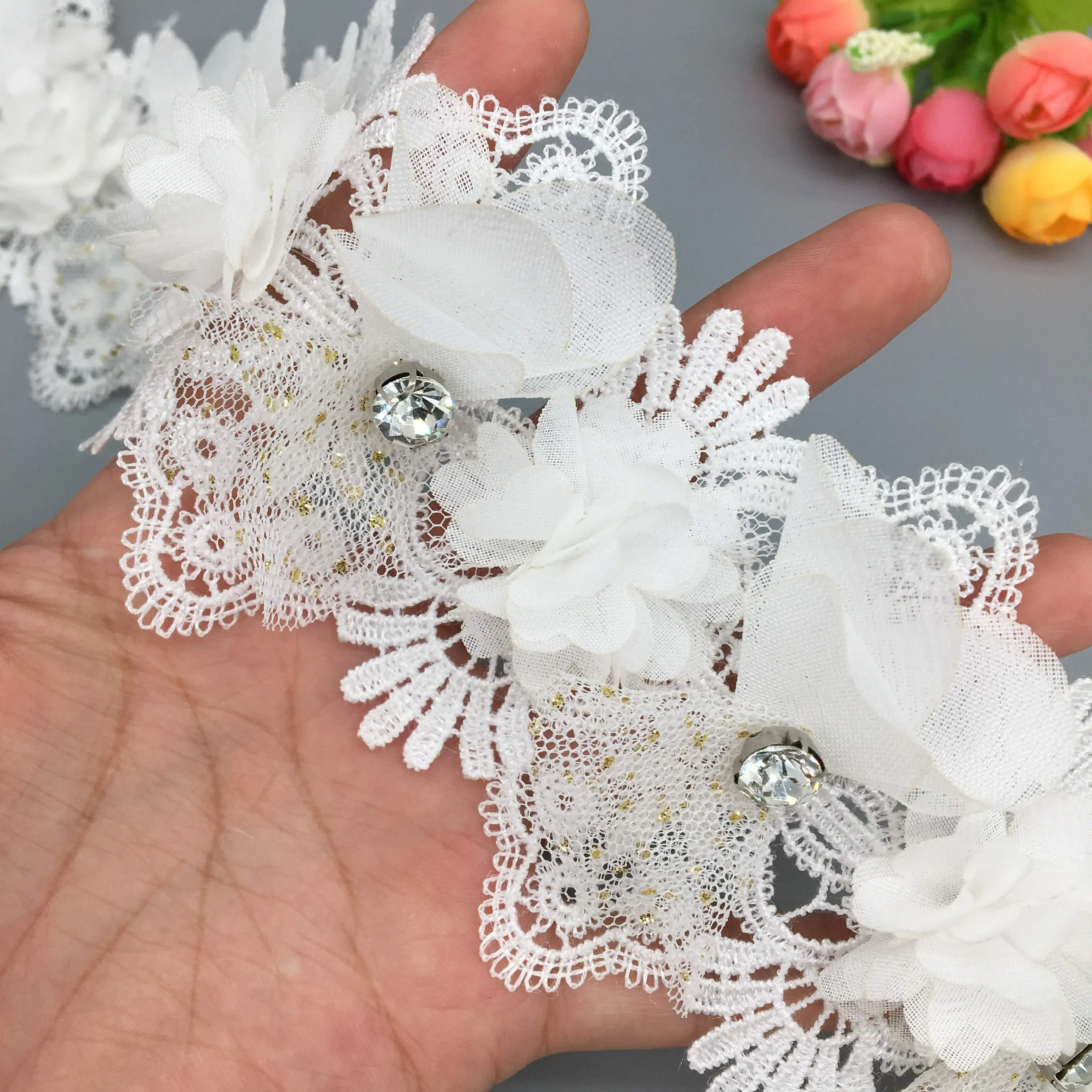 

10Pcs Diamond Rhinestones Lace for Dress Fabric Beaded 3D Flower Lace Trim Ribbon Embroidered Applique Craft Vintage Wedding 7CM