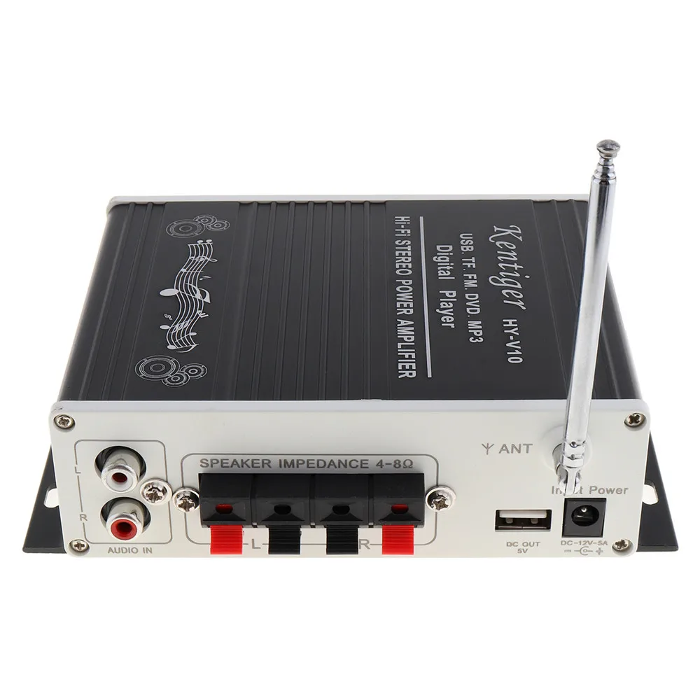 Kentiger DC12V 5A 20W x 2 2CH HI-FI Bluetooth Car Audio Power Amplifier FM Radio Player Support SD / USB / DVD / MP3 Input