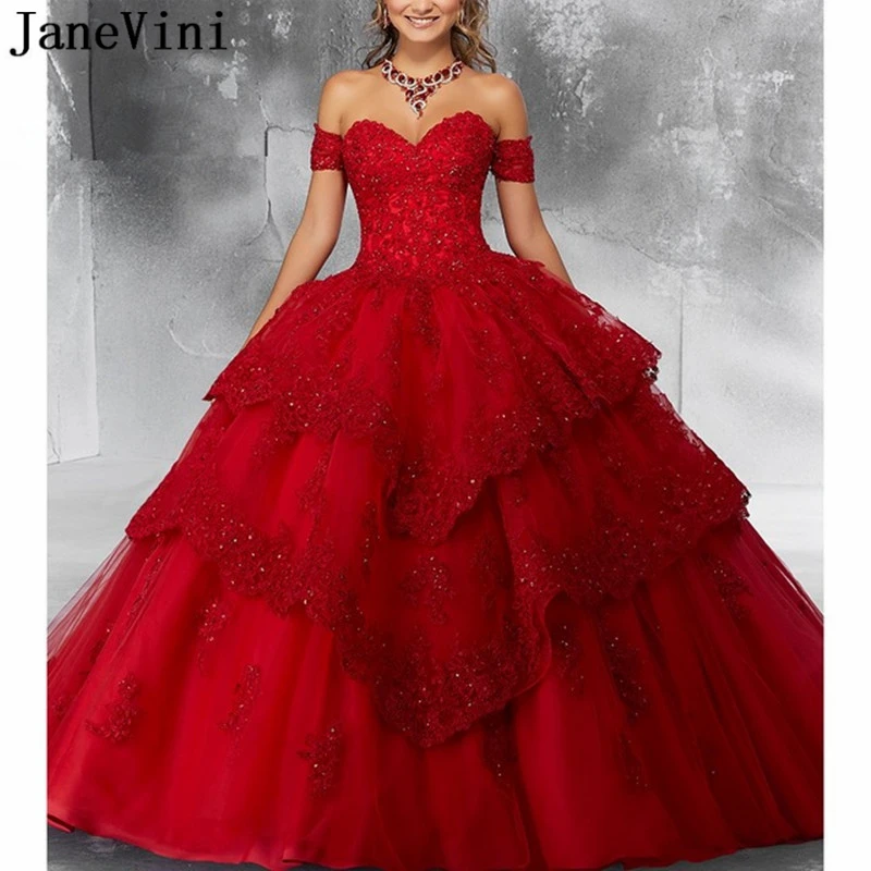 Janevini luxo princesa bola vestido vermelho quinceanera vestidos querida apliques pesado frisado concurso vestidos de baile 15 anos