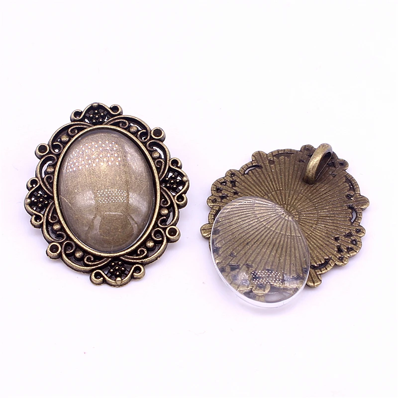 

8 set Vintage Bronze Oval Cameo Filigree Cabochon Settings Fit 18*25mm dia Photo Jewelry Making + Clear Glass Cabochons