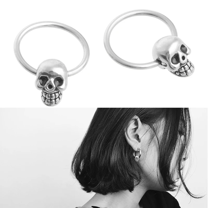 JAVRICK Punk Retro Skull Head Ear Piercing Studs Earrings Titanium Steel Ear Ghost Studs Personality jewelry gift